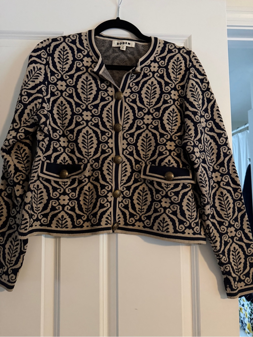 Boden Navy and Cream Jacquard Blazer with Decorative Buttons
